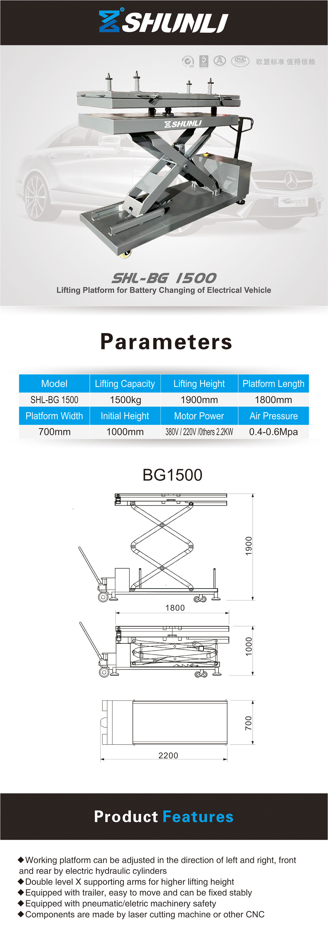 SHL-BG1500 Lifting platform for battery changing of electrical vehicle